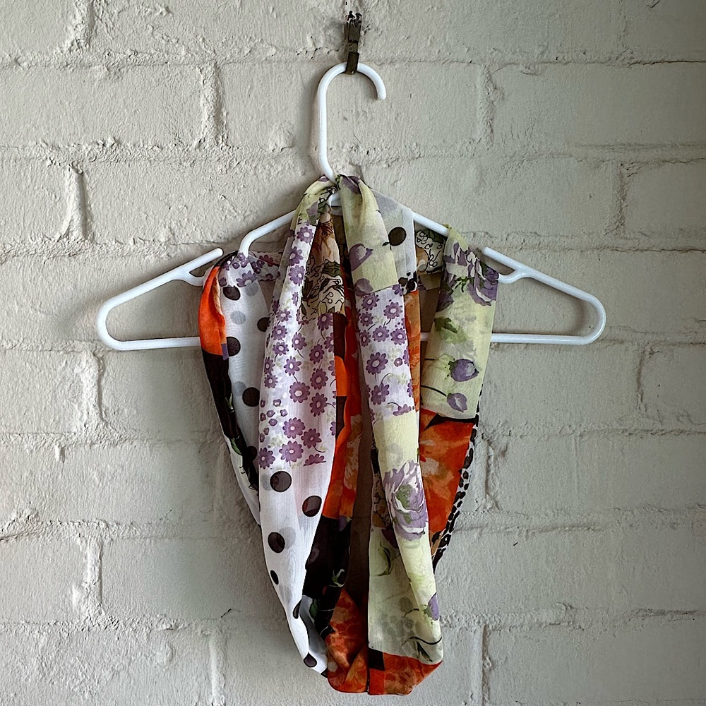Charming Charlie white orange brown green floral polka dot boho infinity scarf